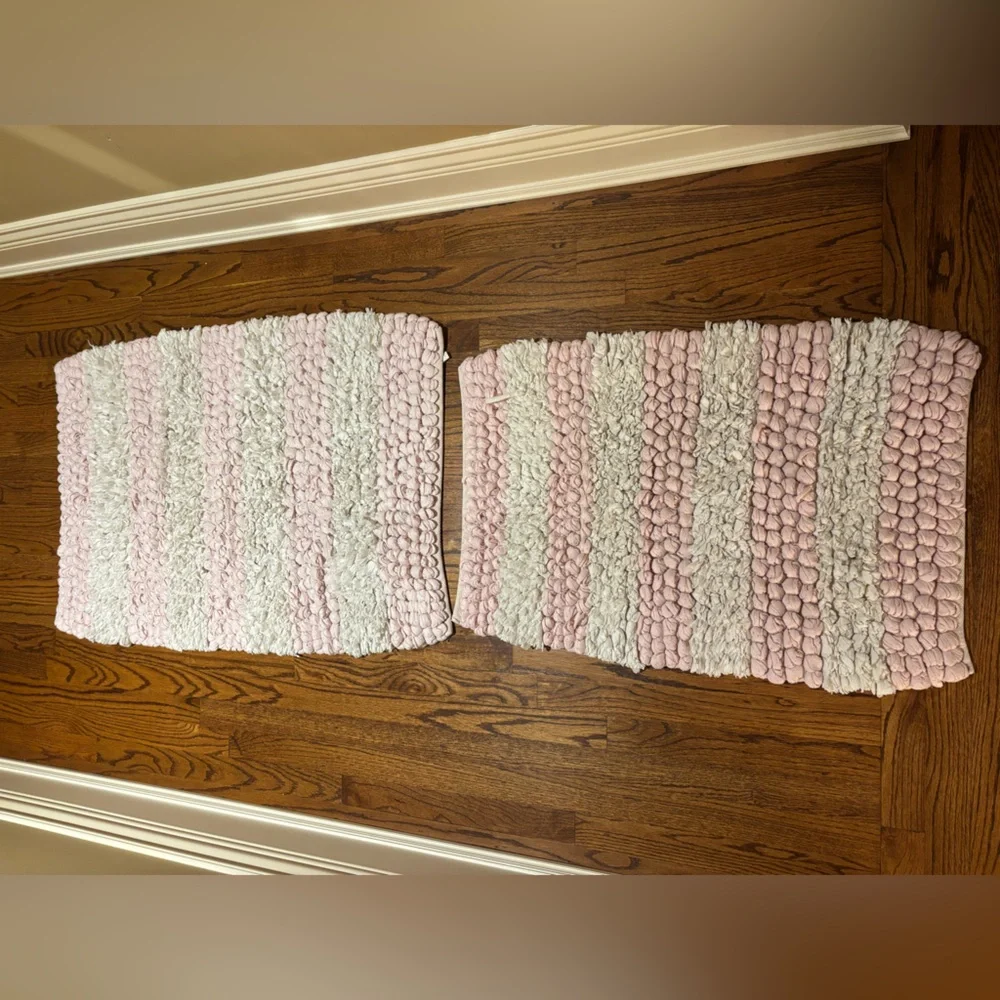 Pink and White Striped Bath Mats